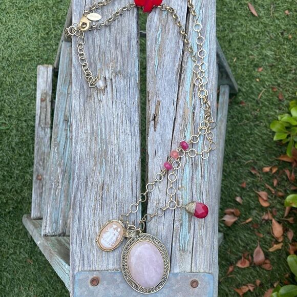 CHICOS CHARM NECKLACE - Brushed gold with 3 charms. Vintage Inspired - Picture 1 of 7